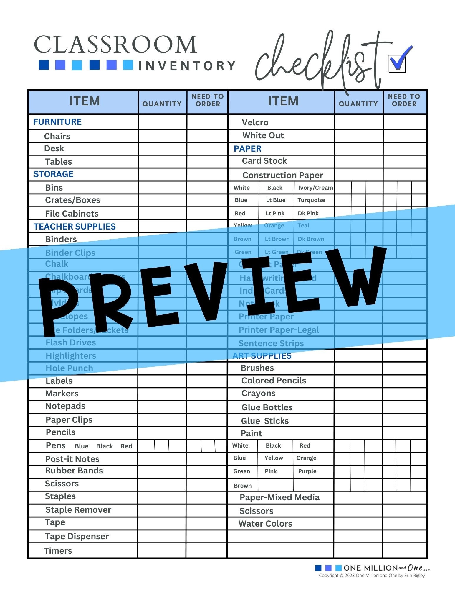 Classroom Inventory Checklist for Teachers Supplies and Materials