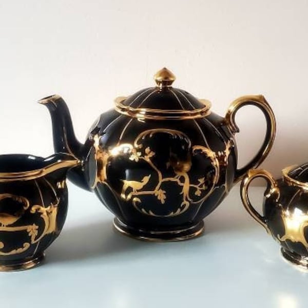 Rare Sadler tea set, black Sadler teapot, gold Sadler teapot, collectible Sadler