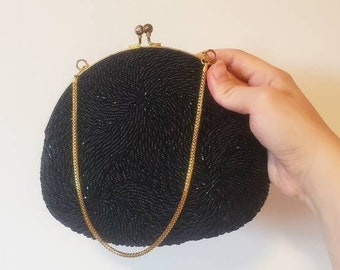 Vintage Black Beaded DuVal Purse Clutch With Chain Strap, seed bead black evening bag