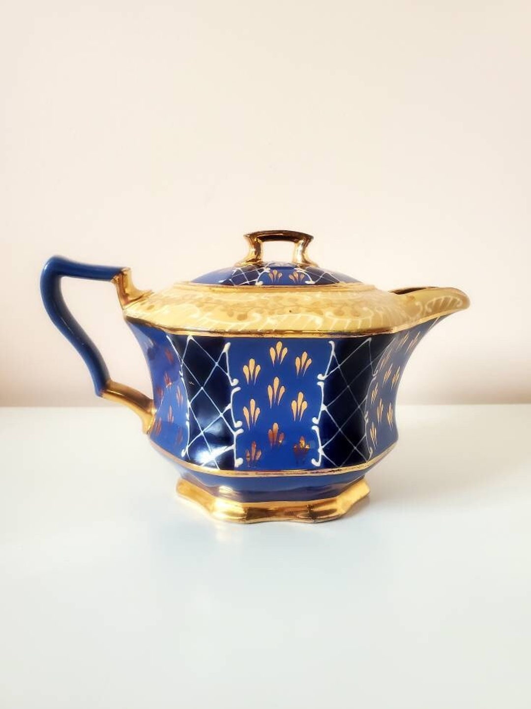 Vintage Blue and Gold Teapot Pottery Teapot Made in England Etsy