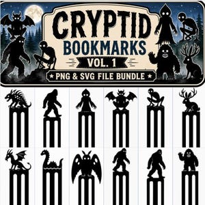 Może przedstawiać: Cyfrowy zestaw plików zawierający czarne sylwetki różnych kryptyd na projektach zakładek. Nagłówek zawiera tekst CRYPTID BOOKMARKS VOL. 1 PNG & SVG FILE BUNDLE. Kolekcja obejmuje ilustracje stworzeń takich jak Bigfoot, Mothman oraz jackalope.