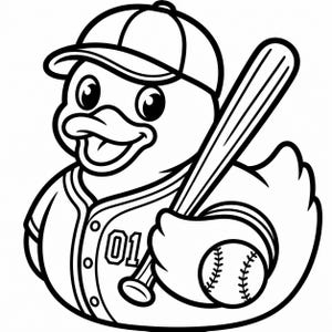May include: Black and white illustration of a baseball-themed duck wearing a baseball cap and jersey with the number 01. The duck is holding a baseball bat and a baseball.