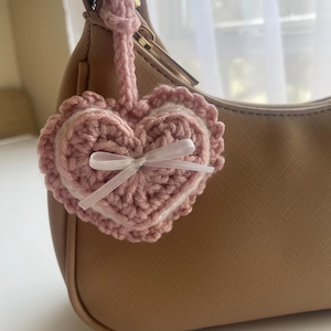 Crochet Heart Bag Charm with Ribbon Bow