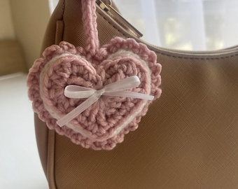 Cute Crochet Heart Bag Charm with Ribbon Bow