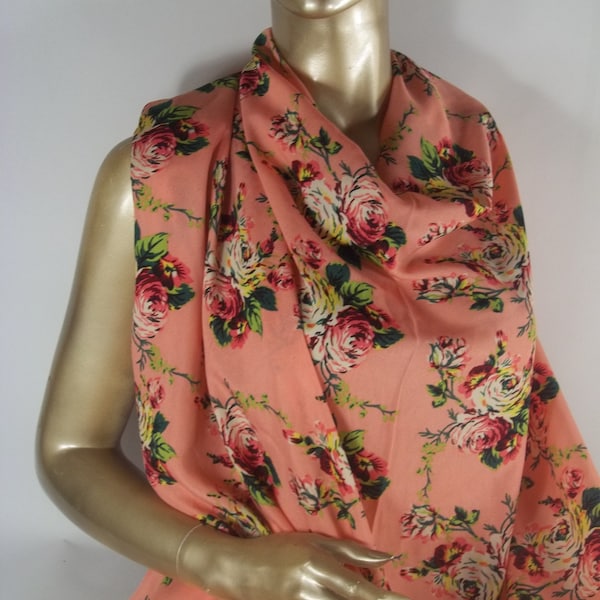 Rayon polyester blend, fabric, peachy pink, retro floral print, apparel, dress, material, cloth, width 54", priced per yard