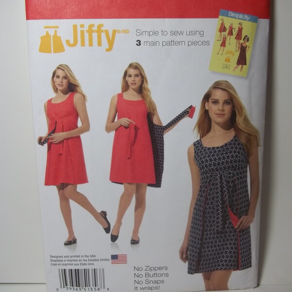 Simplicity 1356, Jiffy, dress, sewing pattern, size 6-14, 14-22, short, easy dress, wrap dress, no zippers, no buttons, no snaps, two-sided.