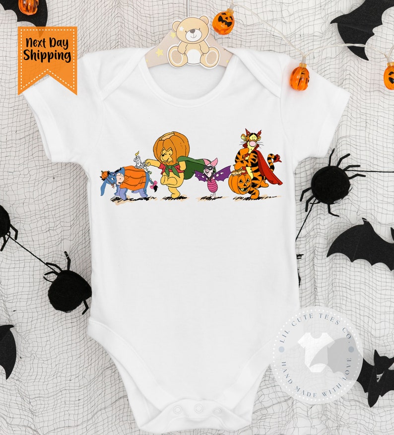 Super Cute baby Halloween Pooh Bear and Friends bodysuit , Halloween baby girl or boy outfit , Ships next day image 1