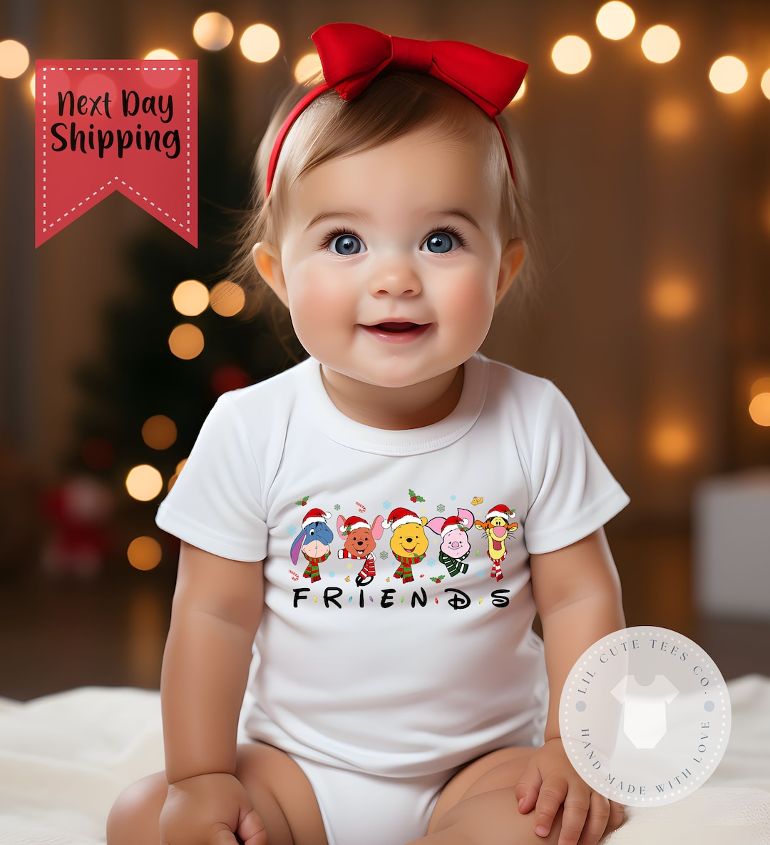 Christmas Holiday Boy or Girls Pooh Bear Friends Bodysuit , Baby Christmas Cute Outfit , Ships