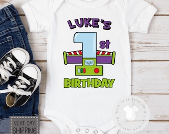 Super Cute Boys Personalized Buzz Lightyear 1st birthday shirt ,  Toy Story  themed birthday bodysuit ,  Baby boy birthday , Ships next day