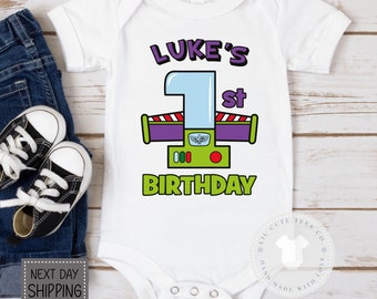 Super Cute Boys Personalized Buzz Lightyear 1st birthday shirt ,  Toy Story  themed birthday bodysuit ,  Baby boy birthday , Ships next day