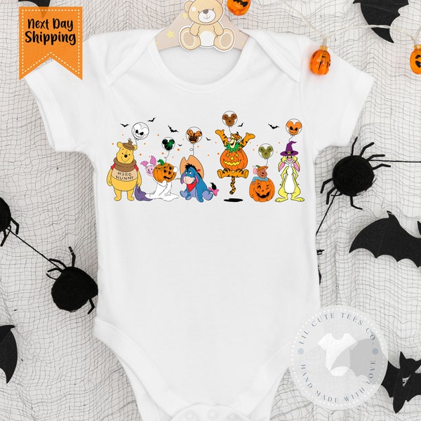 Super Cute baby Halloween Pooh Bear and Friends  bodysuit , Halloween baby girl or boy  outfit ,   Ships next day