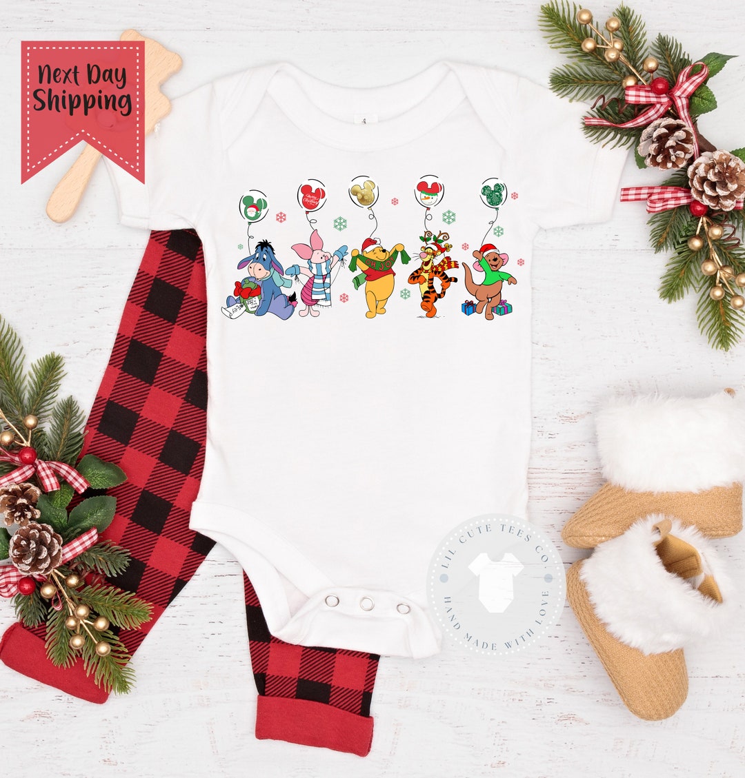 Super Cute Baby Boy or Girls Pooh Bear and Friends Christmas Holiday Bodysuit , Baby Christmas