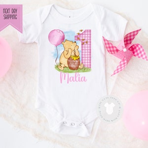 Classic Pooh Bear Girls personalized 1st birthday bodysuit  , Vintage pooh Bear themed birthday bodysuit , Baby girls first birthday