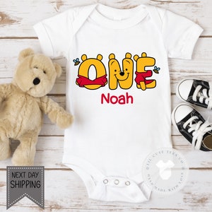 Super Cute Boys Winnie the Pooh Bear One personalized 1st birthday shirt ,  Pooh Bear  bodysuit ,  Baby boy birthday , Ships next day