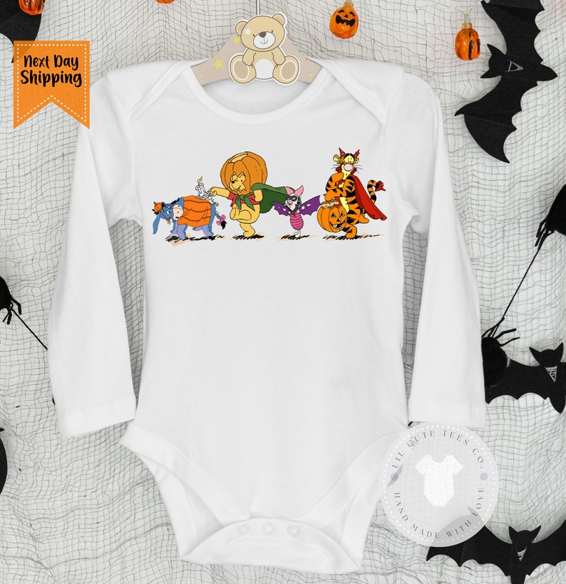 Super Cute baby Halloween Pooh Bear and Friends bodysuit , Halloween baby girl or boy outfit , Ships next day image 2
