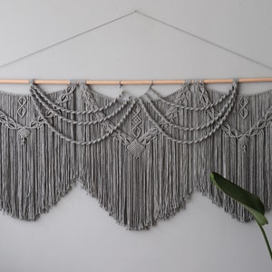Gray macrame wall hanging, boho decor over king bed, woven wall art, macrame window walance, housewarming gift