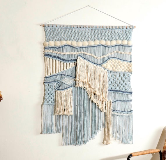Extra Large Macrame Wall Hanging: Bohemian wall art, ocean Blue and Off-White