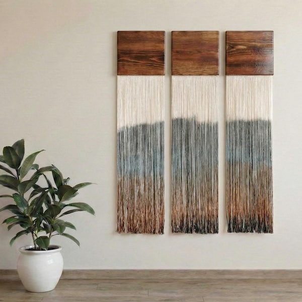 Set of 3 Macrame Wall Hangings: Dip Dye Coastal Fiber Art, wall panels