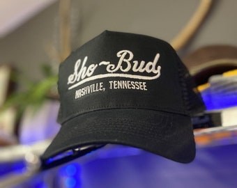 Sho Bud Pedal Steel Guitar Retro Trucker Hat. Black with White Stitching
