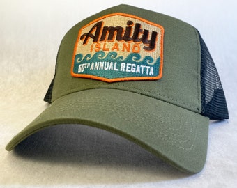 Amity Island - retro embroidered trucker cap inspired by Jaws - Olive