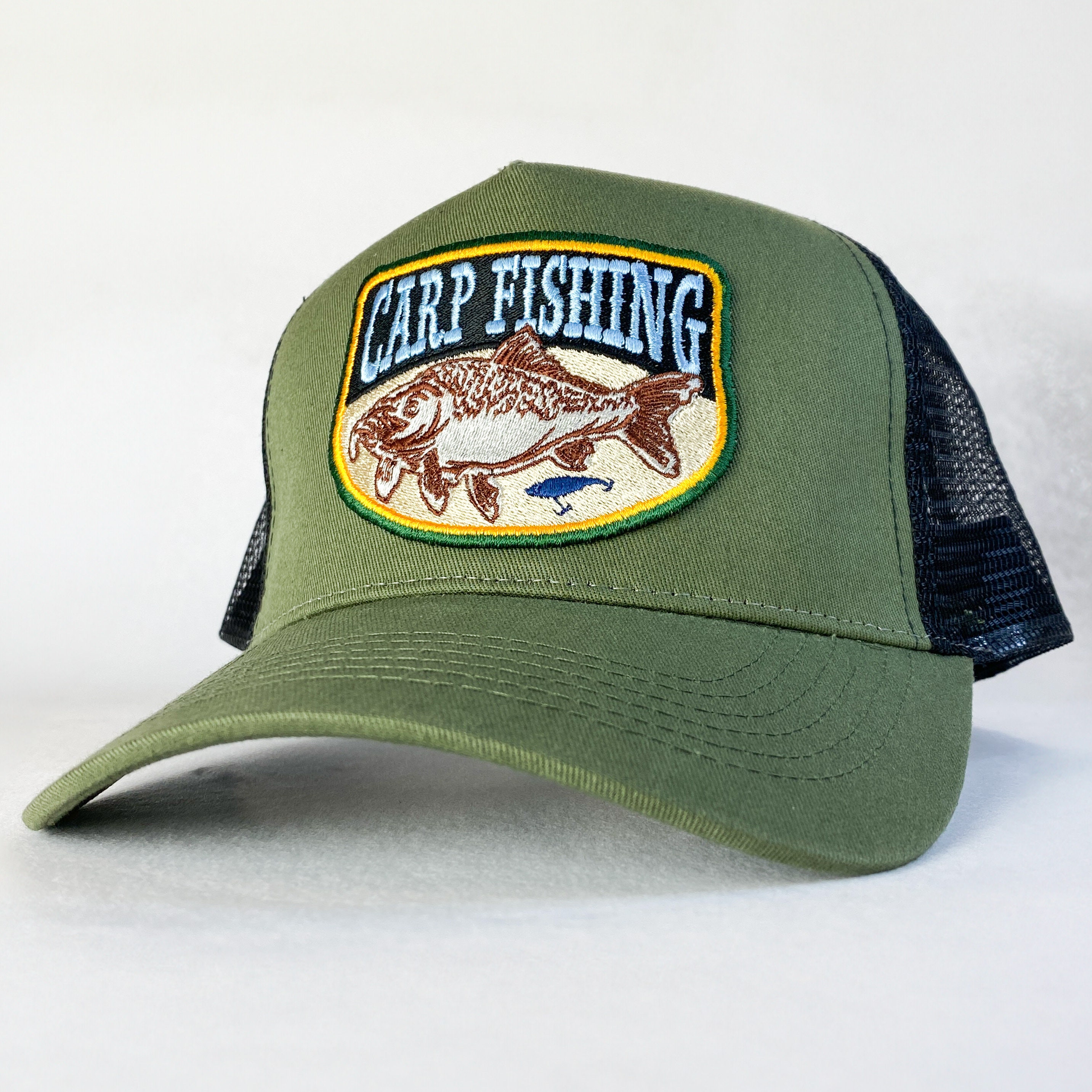 Embroidered Carp Fishing Trucker Hat: Olive Green Angler Cap - Etsy