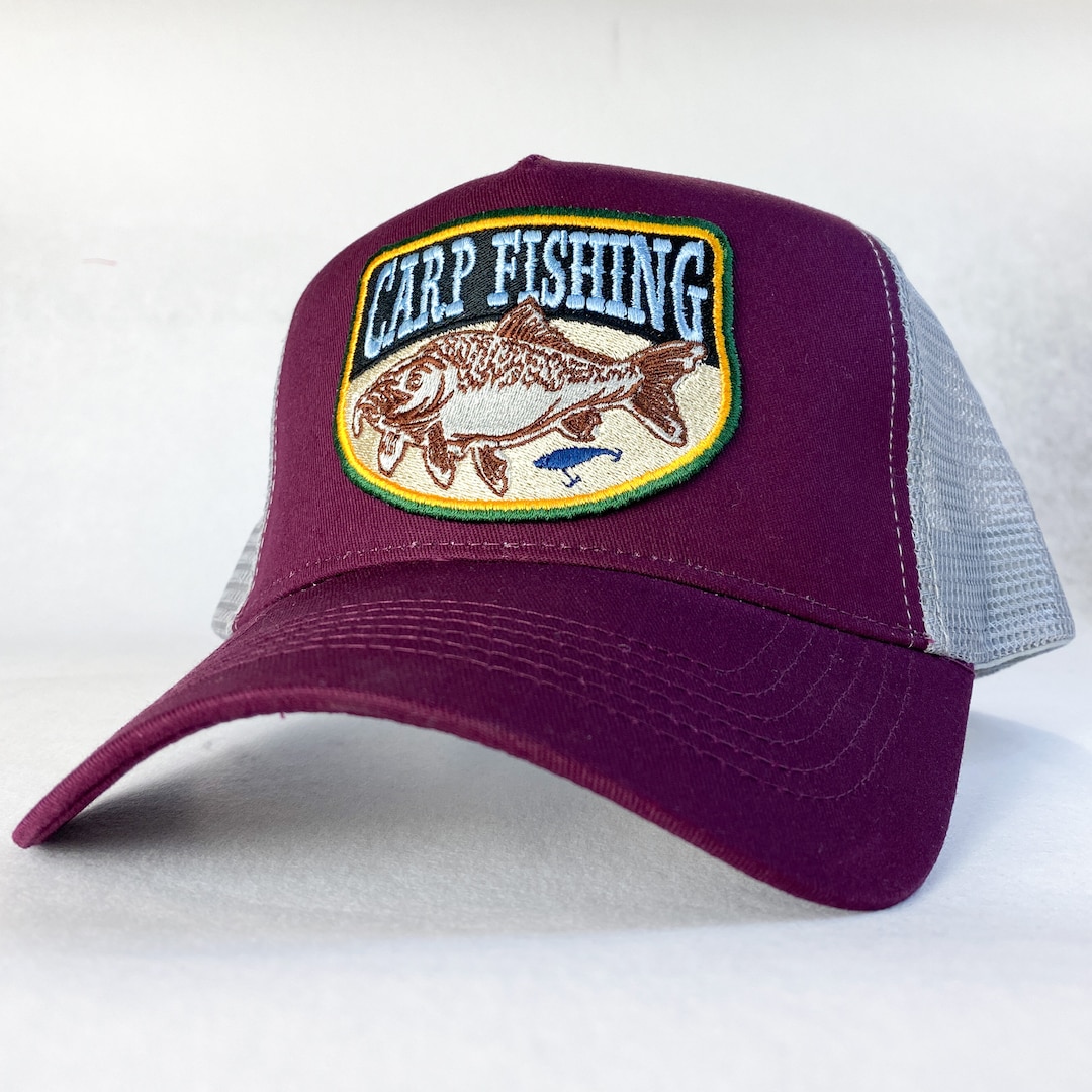 Carp Hat Pattern Embroidered Carp Fishing Trucker Hat – Burgundy Mesh Cap, Angler Gift ...