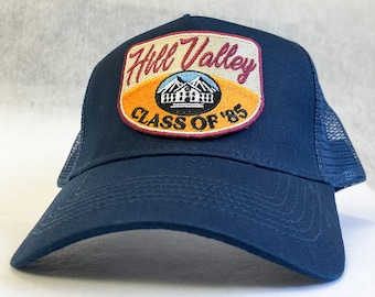 Hill Valley Class of 85 retro embroidered trucker cap baseball cap. Inspired by Back to the Future. Gift for film fans, nostalgia. Navy.
