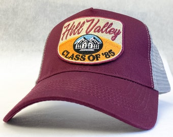 Hill Valley Class of 85 retro embroidered trucker cap baseball cap. Inspired by Back to the Future. Gift for film fans, nostalgia. Burgundy.