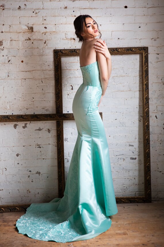 white christmas dresses Backless Beaded-Print Designer Prom Dress with Slit Apple Green / 10
