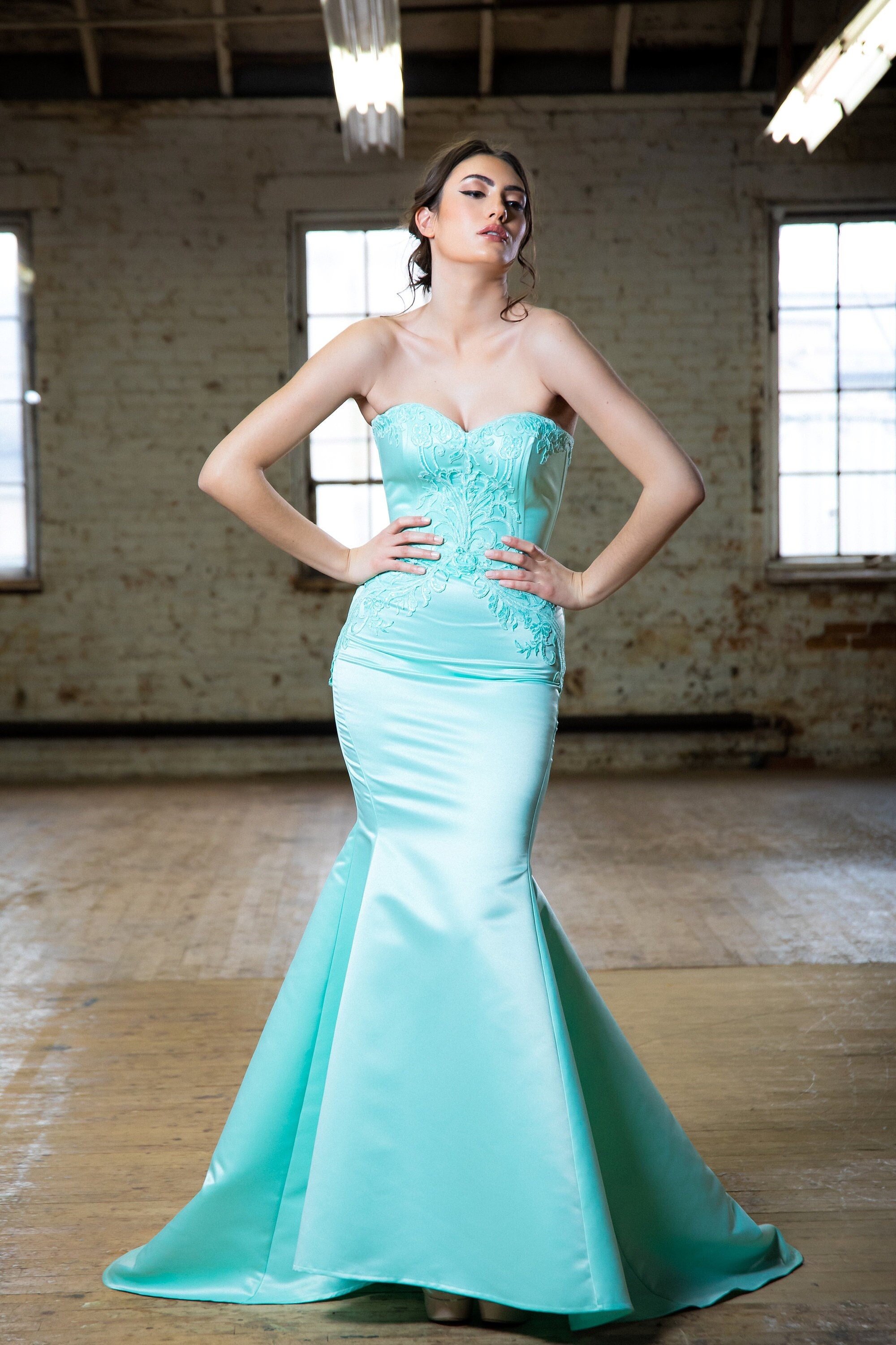 mermaid wearing a dress DQ 4213 Size 6 Turquoise Sequin Mermaid Prom Dress Pageant Gown