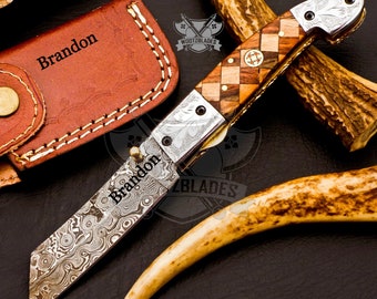 Personalized Custom Handmade Damascus Steel Pocket Knife Hunting knife Walnut/Olive Silver Handle Leather Sheath  Boyfriend Groomsman Knife