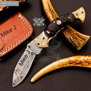 Personalized Custom Handmade Damascus Steel Pocket Knife Hunting knife Ram Horn Handle With Leather Sheath  Boyfriend Groomsman Knife