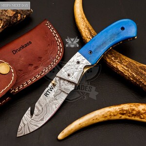 Personalized Custom Handmade Damascus Steel Pocket Knife Hunting knife Camel Bone Handle With Leather Sheath Boyfriend Groomsman Knife