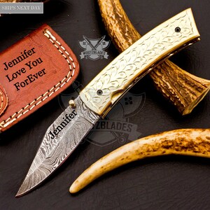 Personalized Custom Handmade Damascus Steel Pocket Knife Hunting knife Brass Handle With Leather Sheath  Boyfriend Groomsman Knife