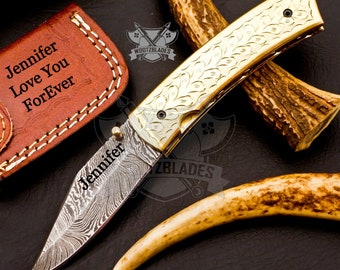 Personalized Custom Handmade Damascus Steel Pocket Knife Hunting knife Brass Handle With Leather Sheath  Boyfriend Groomsman Knife