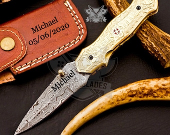 Personalized Custom Handmade Damascus Steel Pocket Knife Hunting knife Brass Handle With Leather Sheath  Boyfriend Groomsman Knife