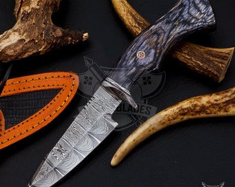 Personalized Custom Handmade Damascus Steel Skinning Blade Camping Full Tang Knife HARD WOOD Handle With Leather Sheath Groomsman Knife