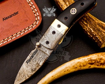 Personalized Custom Handmade Damascus Steel Pocket Knife Hunting knife Buffalo Horn Handle With Leather Sheath  Boyfriend Groomsman Knife