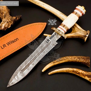 Personalized Custom Handmade Damascus Steel Skinning Blade Camping Full Tang Knife Camel Bone Handle Leather Sheath Groomsman Knife