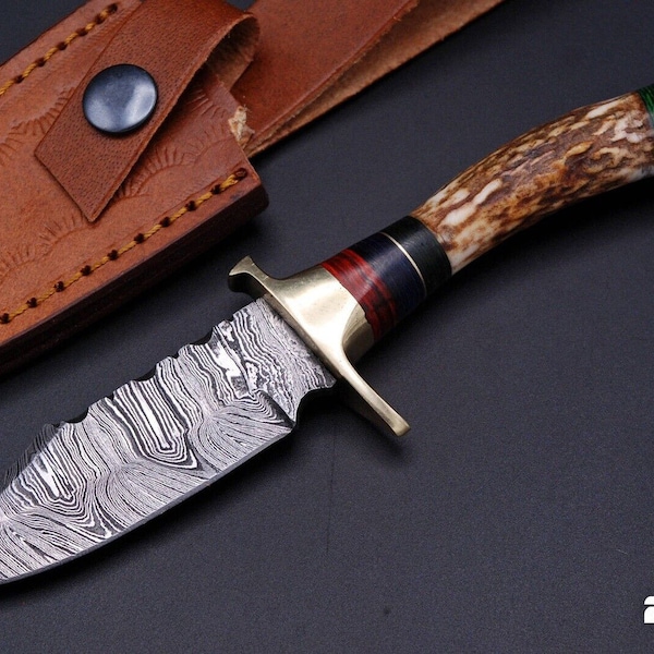Personalized Custom Handmade Damascus Steel Skinning Blade Camping Full Tang Knife Antler Handle Leather Sheath  Groomsman Knife