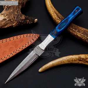 Personalized Custom Handmade Damascus Steel Boot Knife Camping Full Tang Knife HARD WOOD Handle With Leather Sheath  Groomsman Knife
