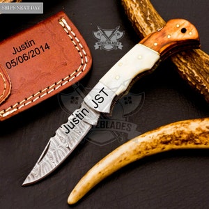 Personalized Custom Handmade Damascus Steel Pocket Knife Hunting knife Camel Bone Wood Handle With Leather Sheath  Boyfriend Groomsman Knife