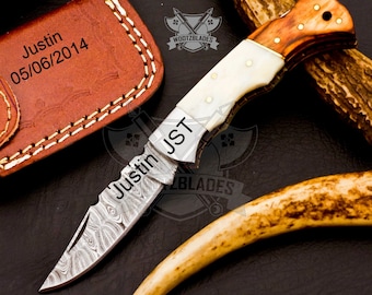 Personalized Custom Handmade Damascus Steel Pocket Knife Hunting knife Camel Bone Wood Handle With Leather Sheath  Boyfriend Groomsman Knife