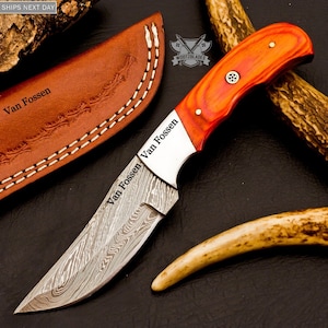 Personalized Custom Handmade Damascus Steel Skinning Blade Camping Full Tang Knife HARD WOOD Handle With Leather Sheath Groomsman Knife