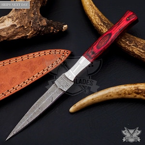 Personalized Custom Handmade Damascus Steel Boot Knife Camping Full Tang Knife HARD WOOD Handle With Leather Sheath  Groomsman Knife
