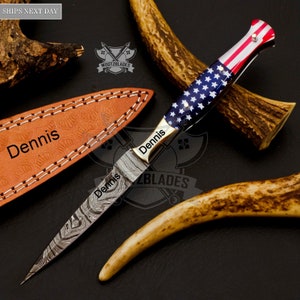 Personalized Custom Handmade Damascus Steel Boot Knife american boot knife HARD WOOD Handle With Leather Sheath  Groomsman Knife