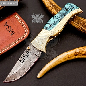 Personalized Custom Handmade Damascus Steel Pocket Knife Hunting knife Brass and Resin Handle With Leather Sheath  Boyfriend Groomsman Knife