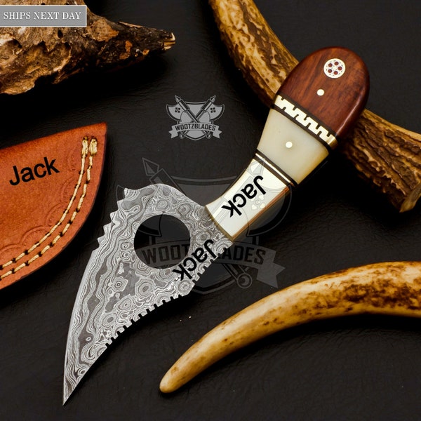 Personalized Custom Handmade Damascus Steel Hunting Knife Camping Full Tang Knife Camel Bone Tali Wood Handle With Leather Sheath