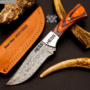 Personalized Custom Handmade Damascus Steel Skinning Blade Camping Full Tang Knife HARD WOOD Handle With Leather Sheath Groomsman Knife