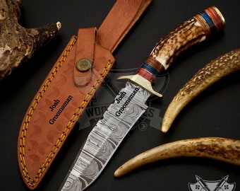 Personalized 10 inch Damascus Steel Hunting knife Handle Stag Antler W leather Cover Handle Clip shape could be different than in the Pics